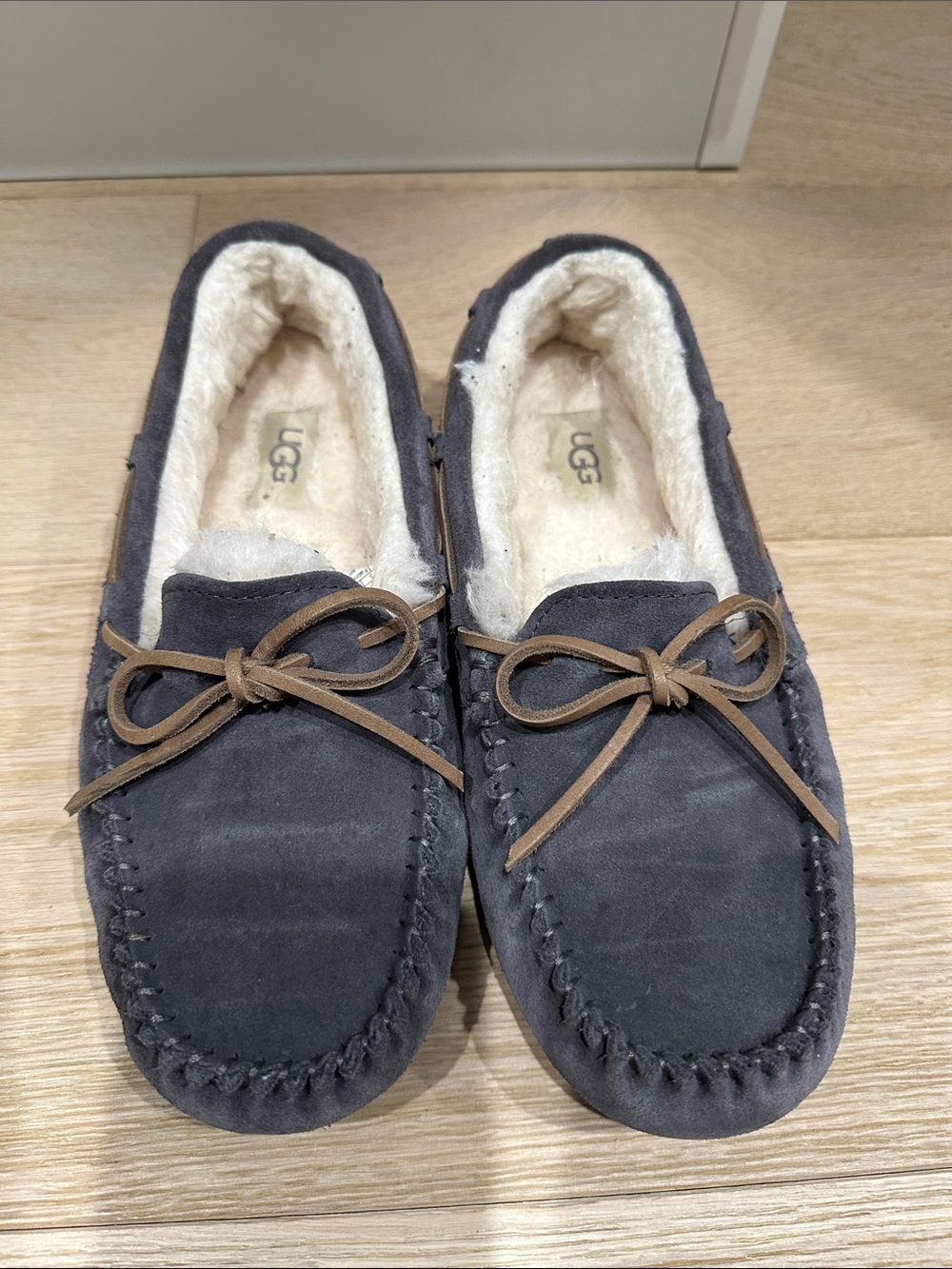 UGG Men’s Charcoal Suede Moccasin Slippers with Brown Bow